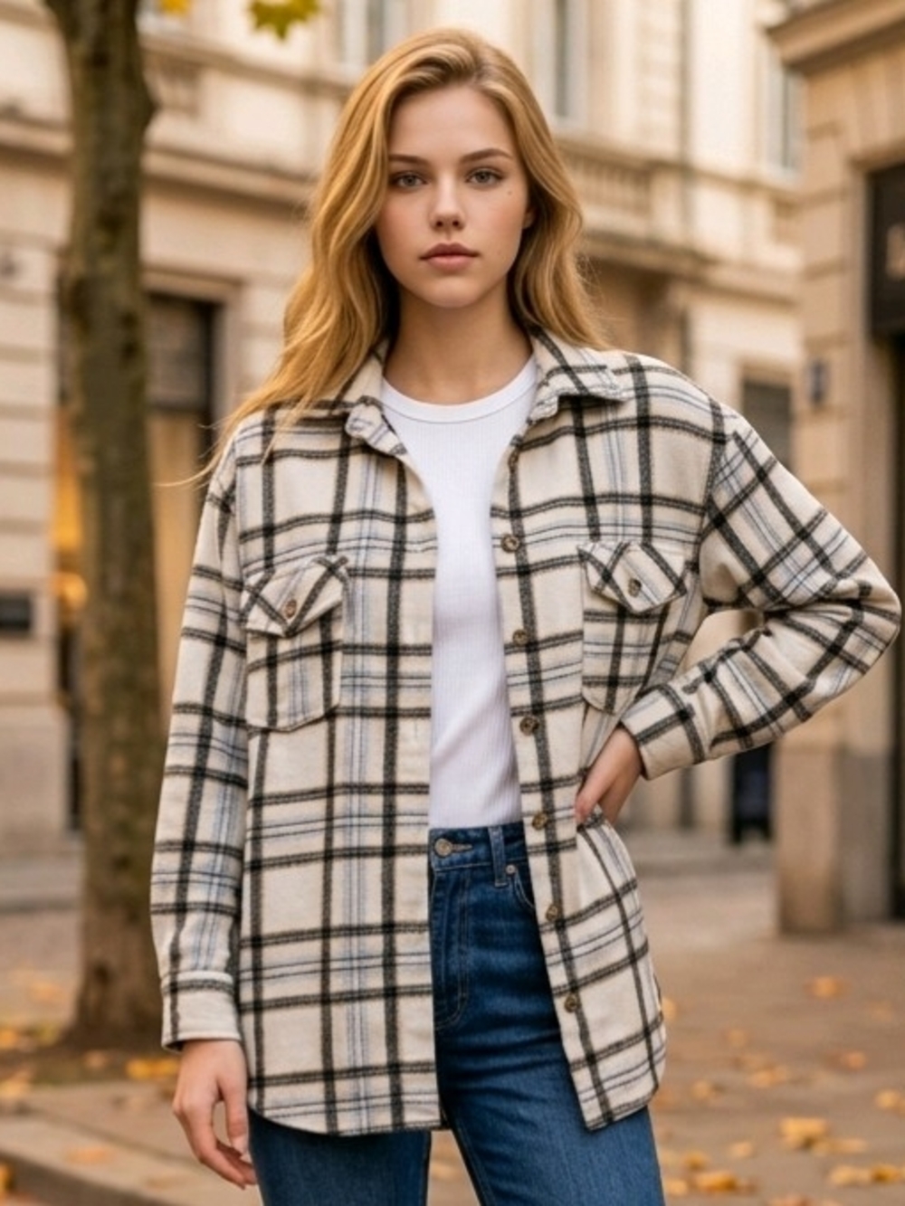 BKE Plaid Flannel Boyfriend-Style Shirt or Shacket In Cream, Blue, Black S EUC